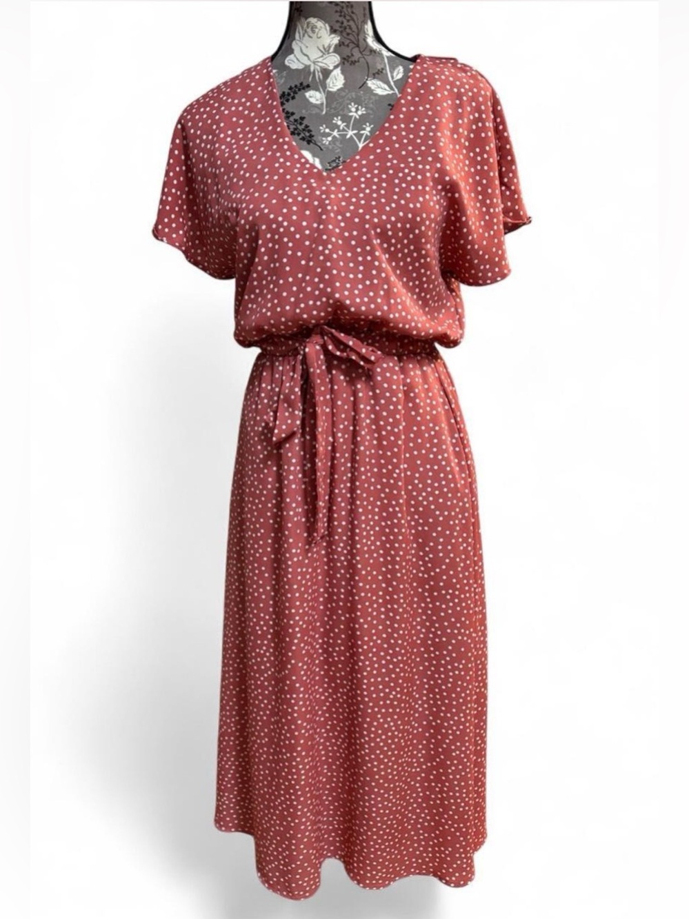 Sienna Sky Polka Dot Faux Wrap Tie Belt Dress Terracotta Career Size Small